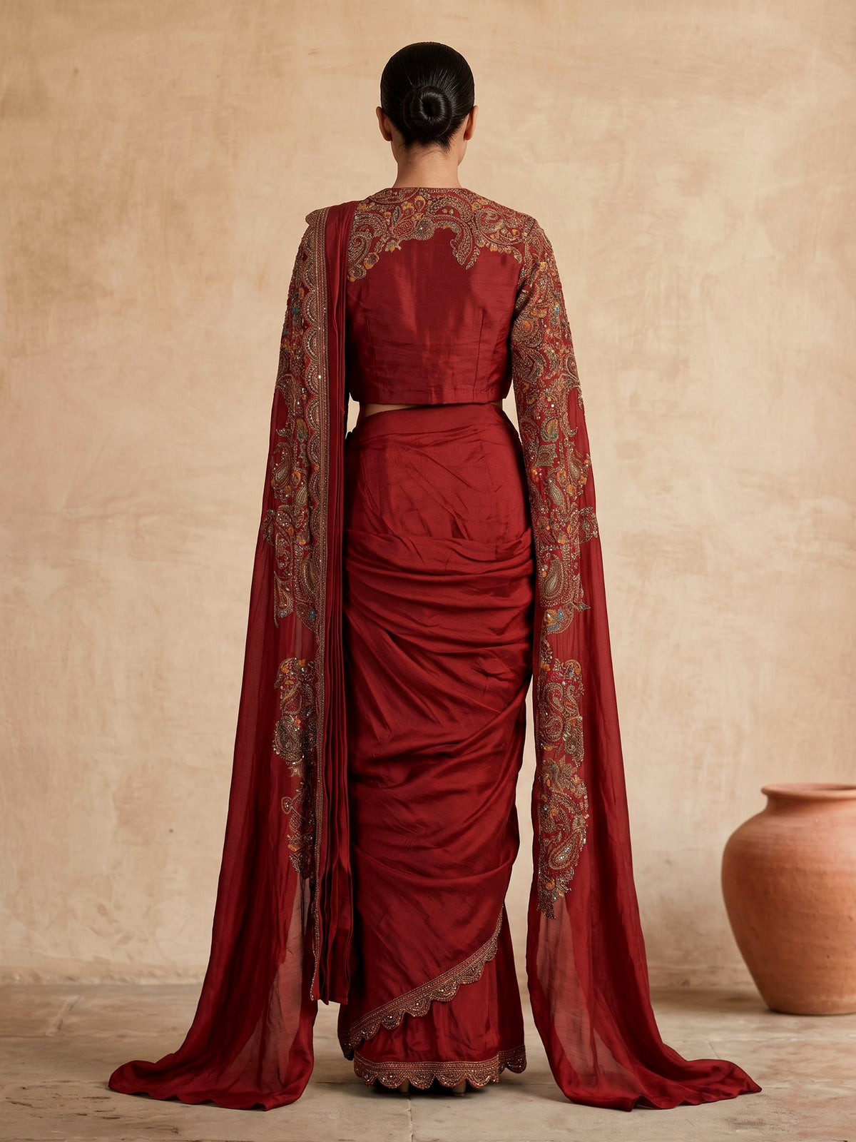 Maroon designer cape style ready to wear saree