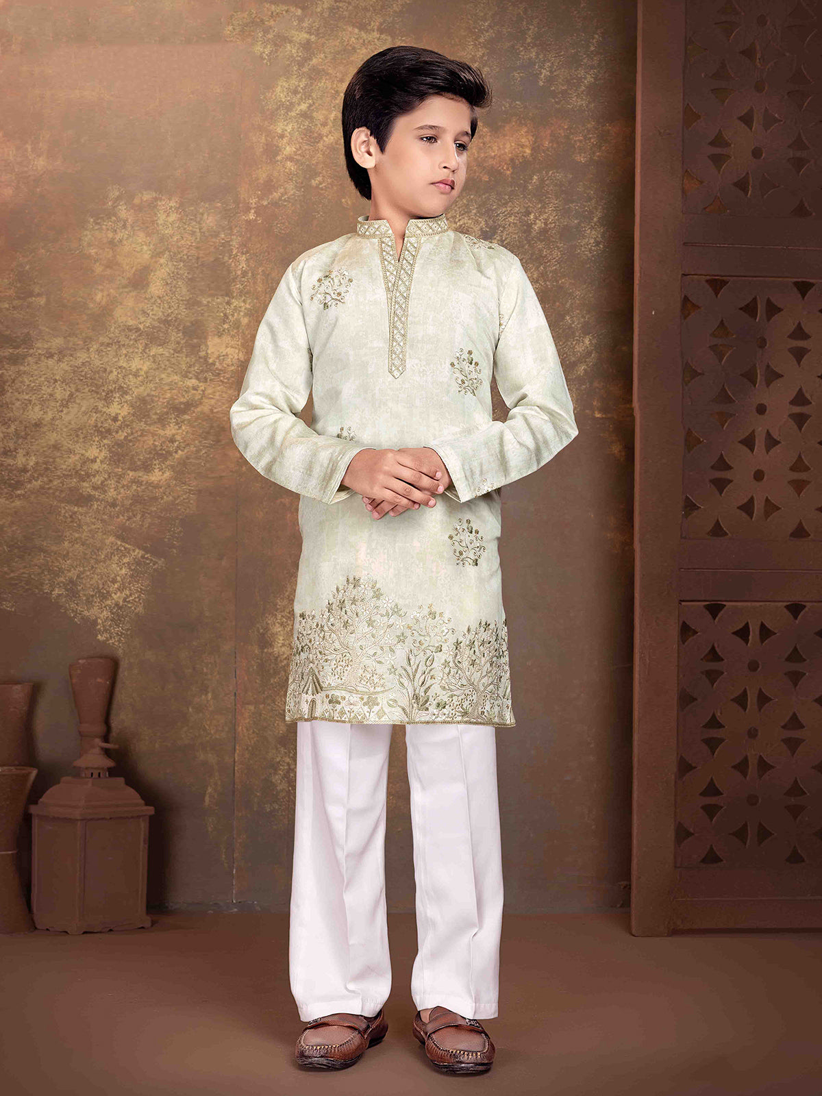 Light green botanical boys kurta suit