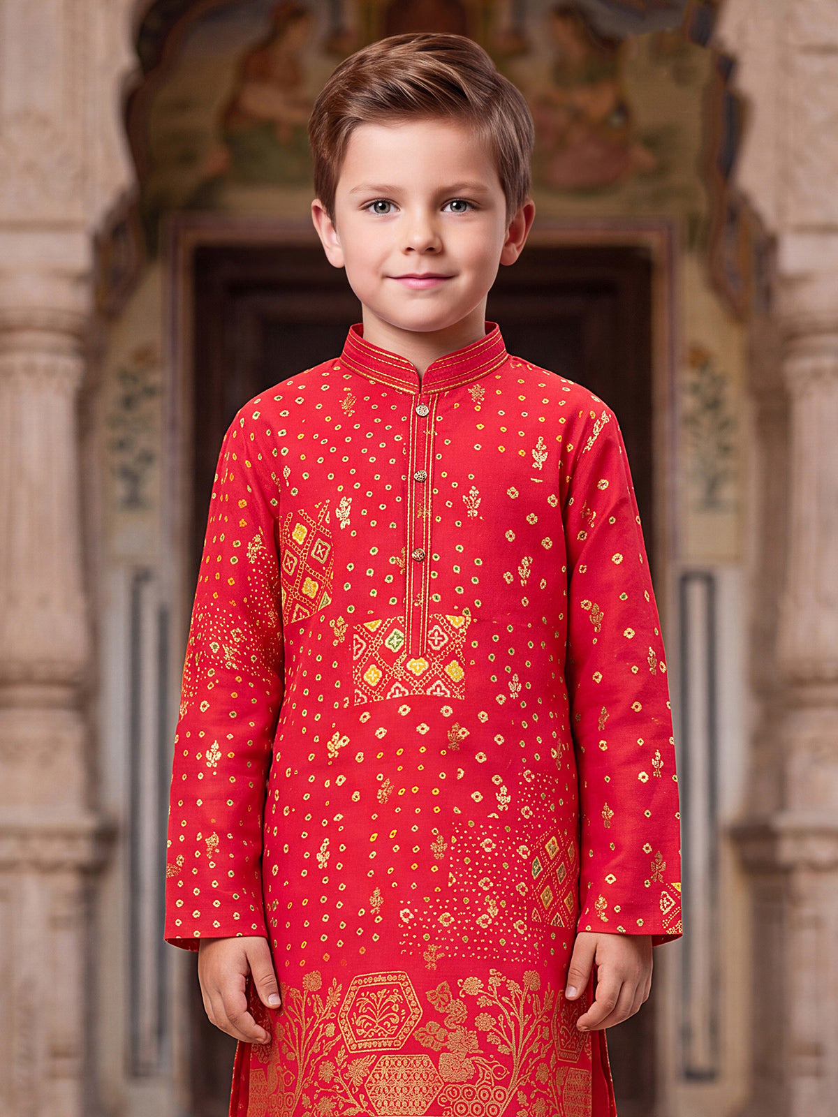 Red bandhani print boys kurta suit
