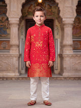 Red bandhani print boys kurta suit