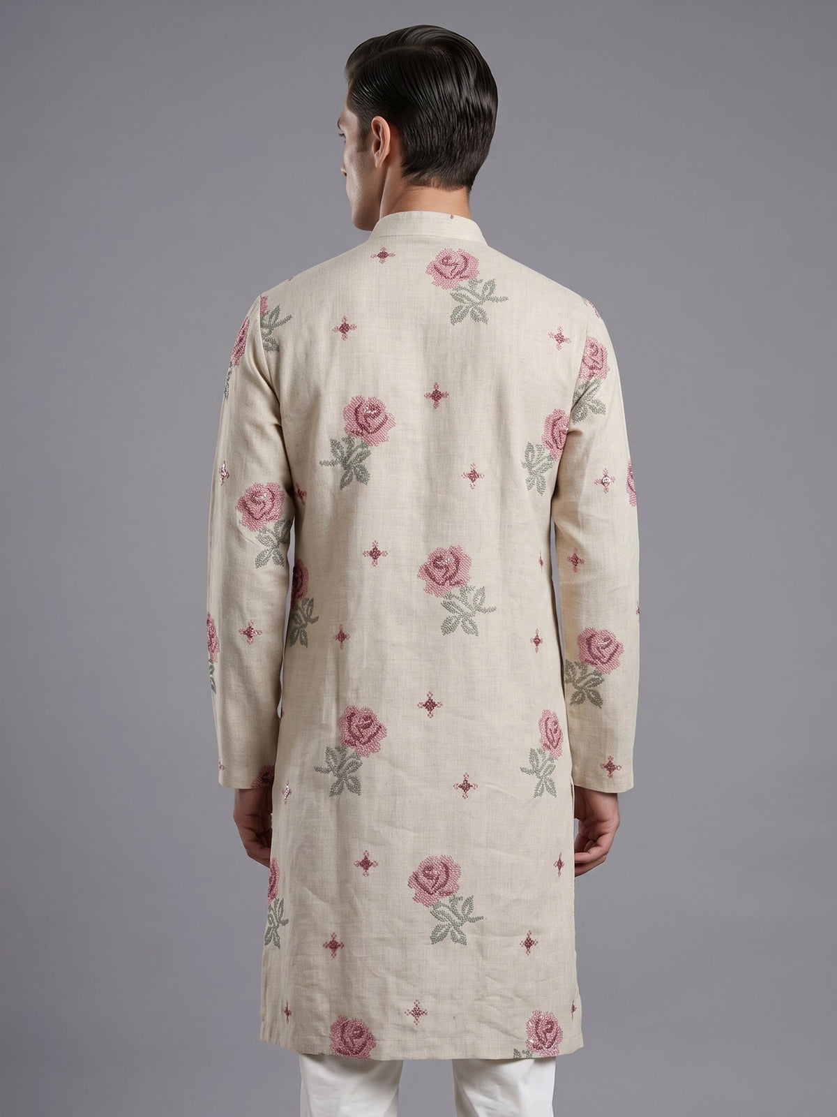 Cream cotton linen mens kurta