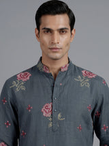 Stone blue cotton linen mens kurta