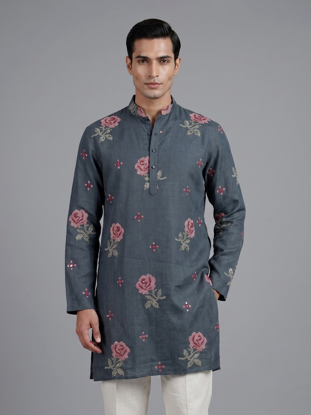 Stone blue cotton linen mens kurta