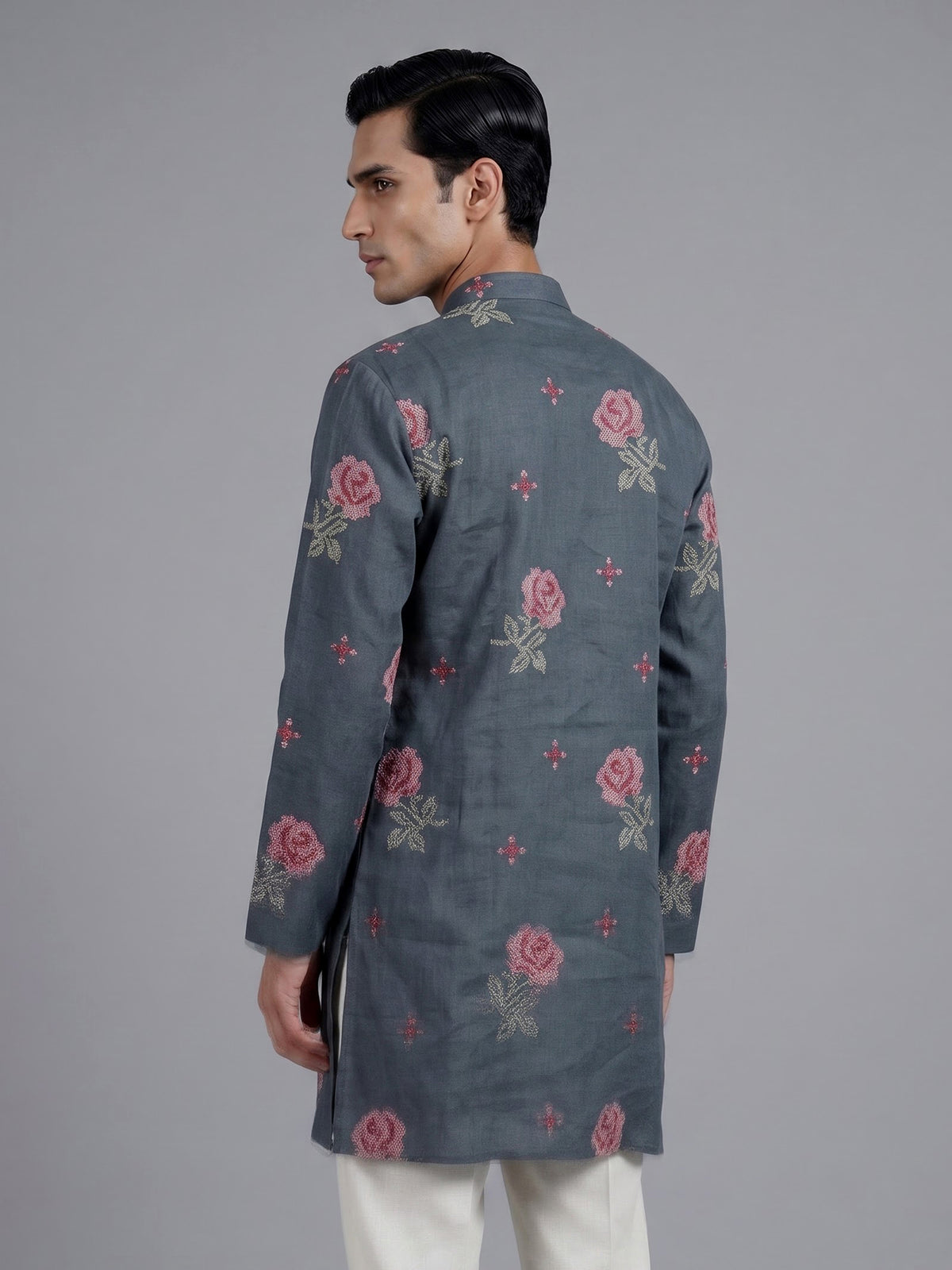 Stone blue cotton linen mens kurta