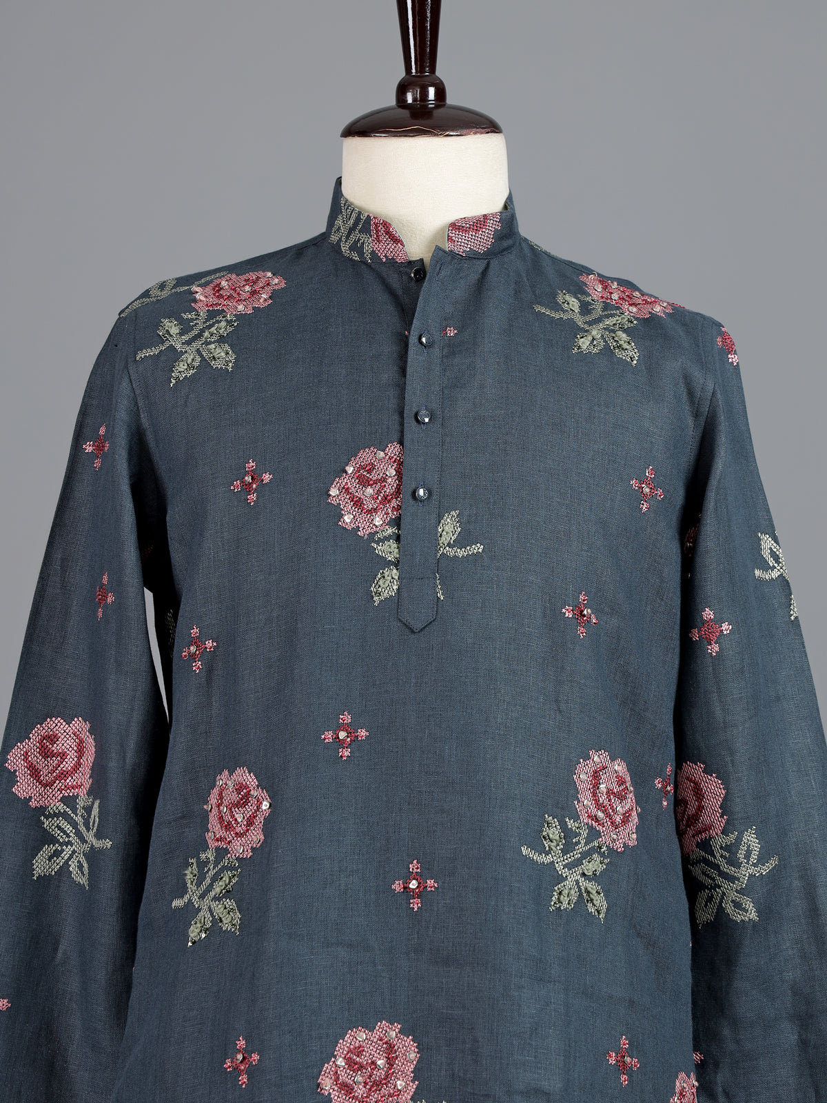 Stone blue cotton linen mens kurta