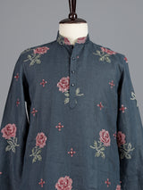 Stone blue cotton linen mens kurta