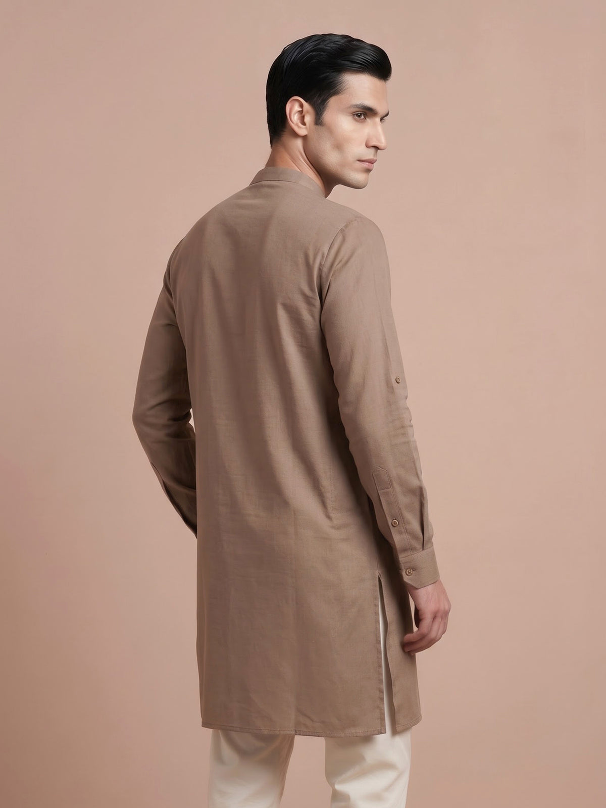 Beige cotton linen mens kurta