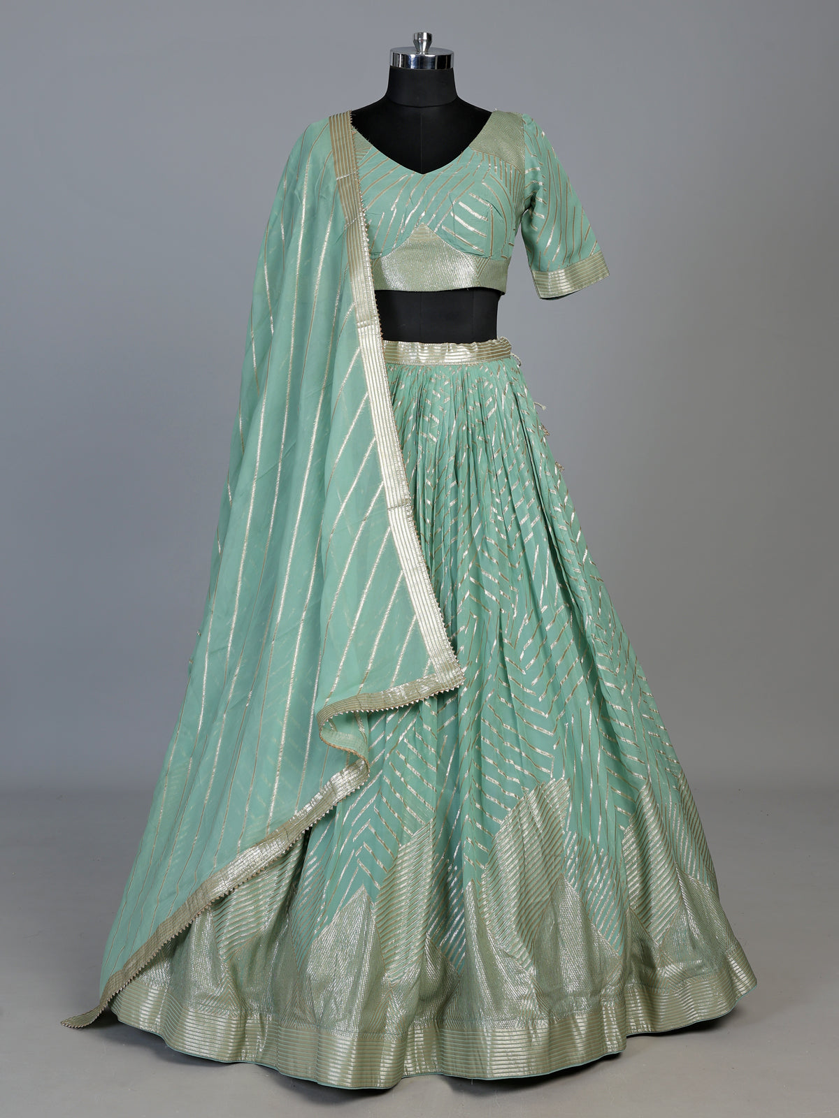Sky blue gota patti embellished women’s georgette lehenga choli