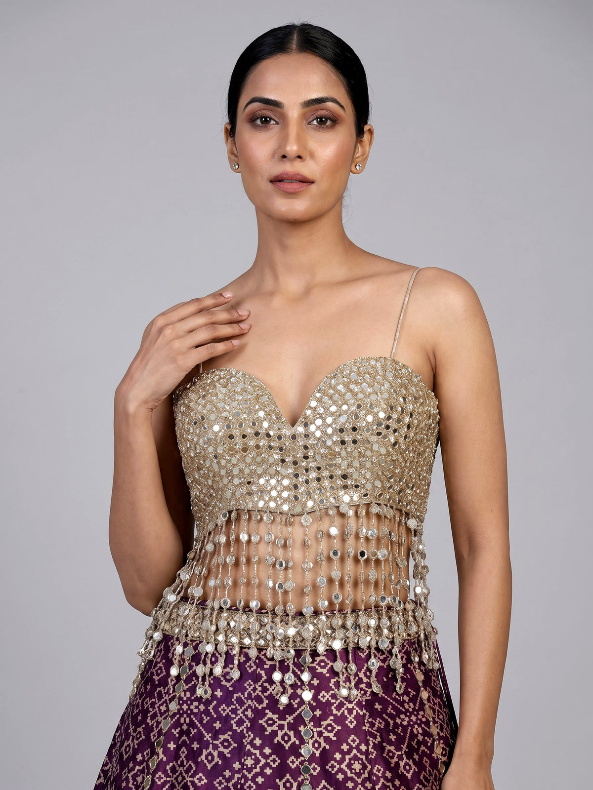 Purple bandhani mirror embellished women’s silk lehenga choli