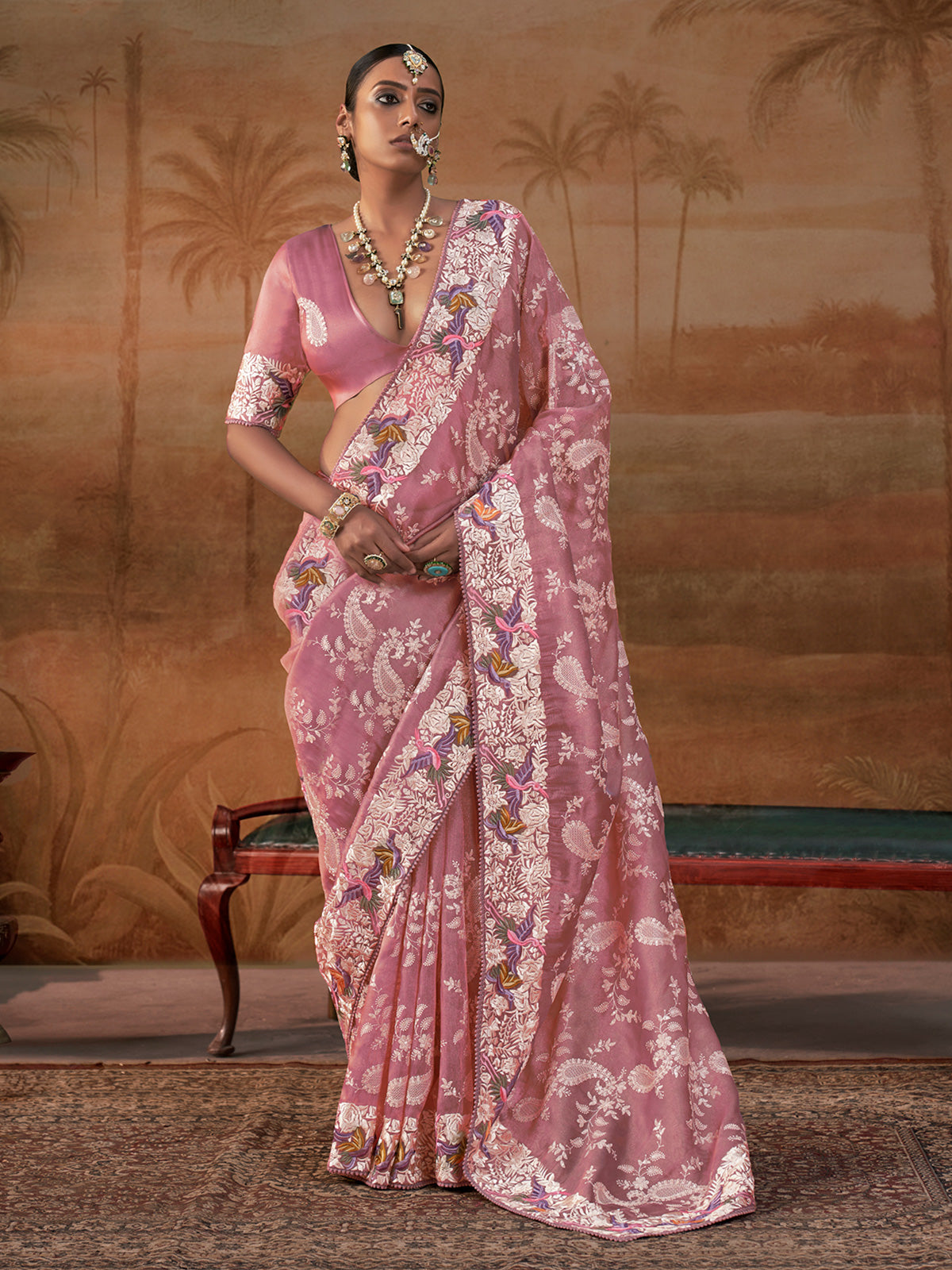 Dusty rose handloom silk womens floral saree