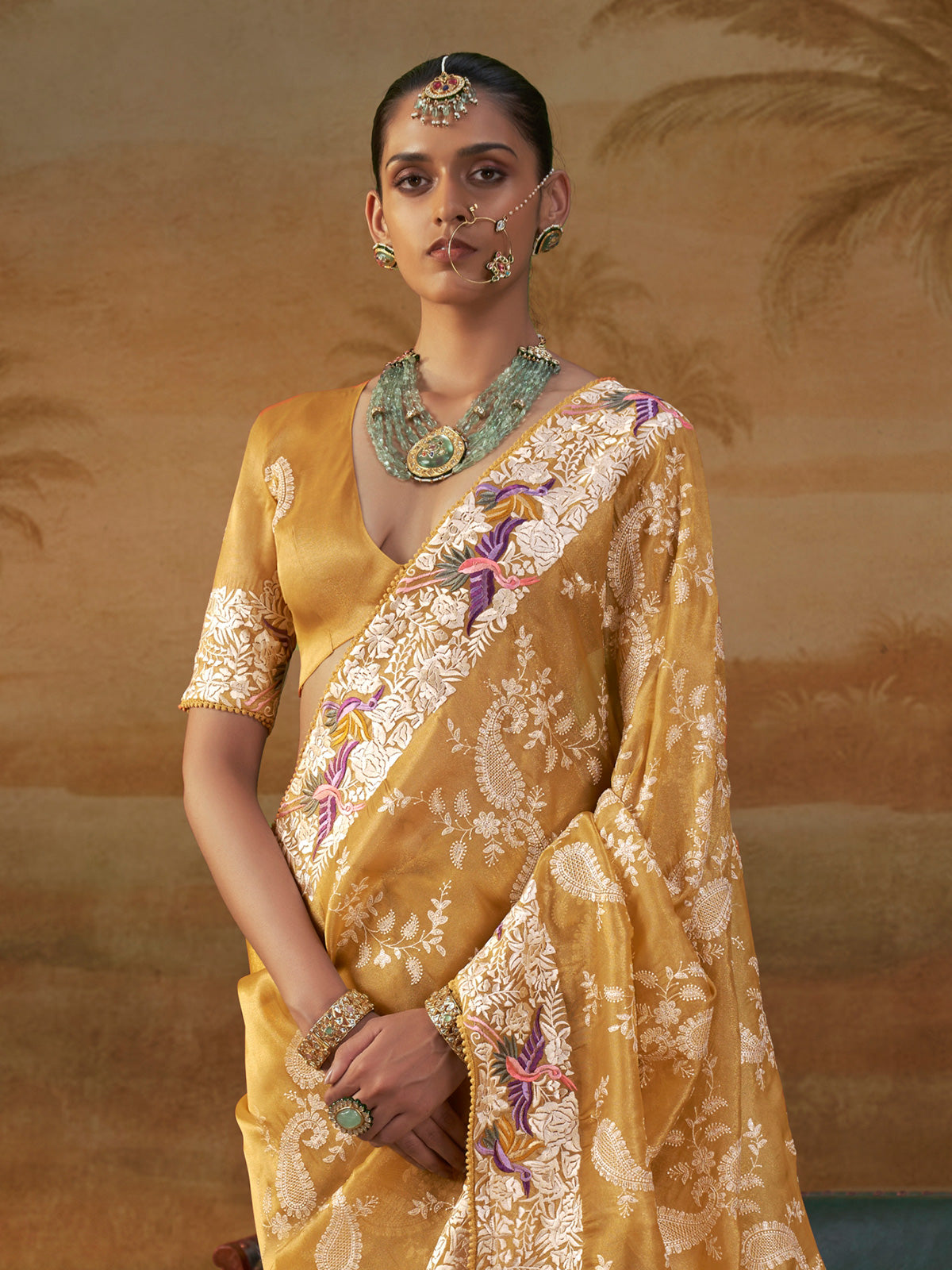 Mustard yellow handloom silk womens floral saree