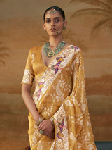 Mustard yellow handloom silk womens floral saree