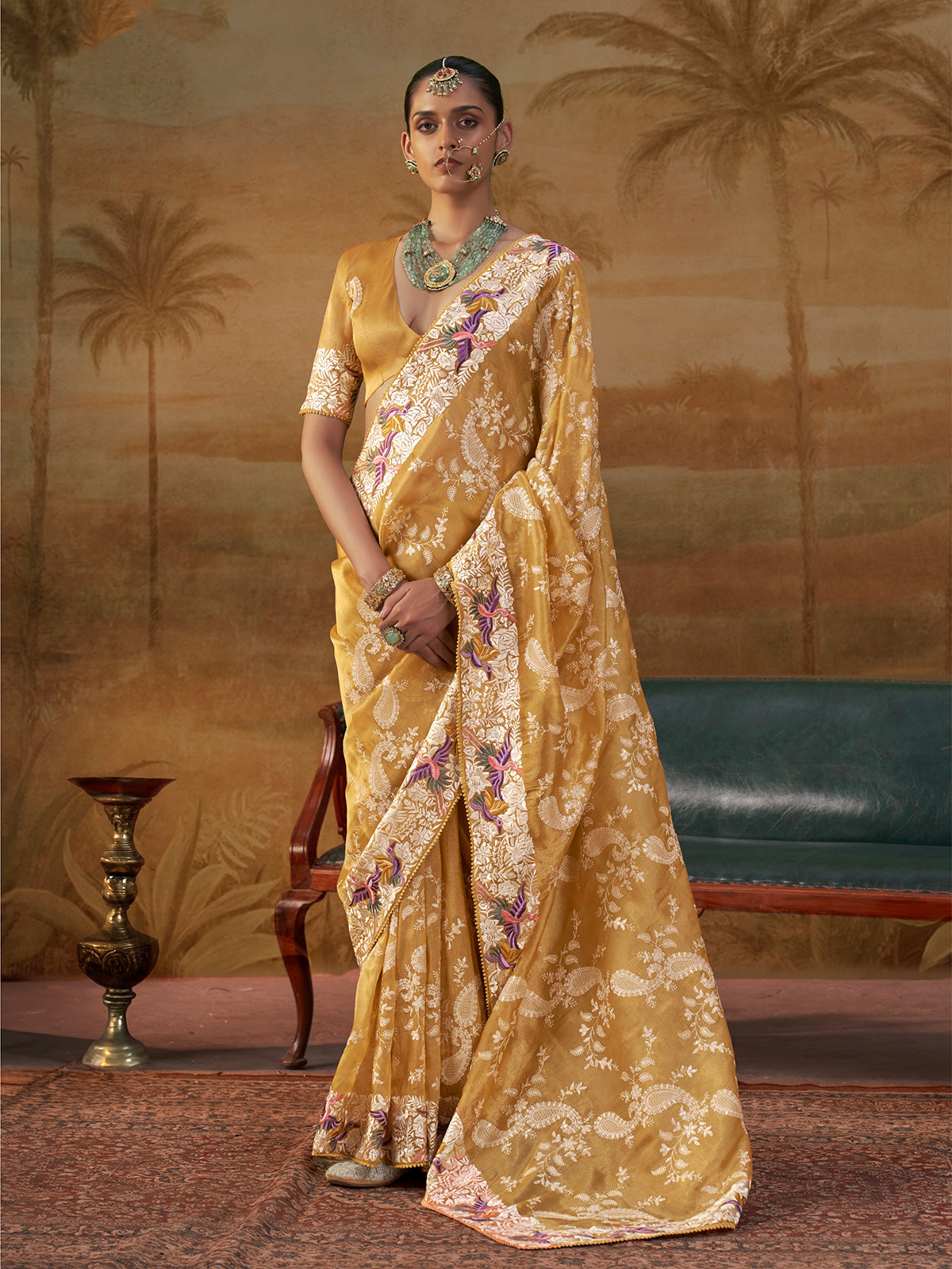 Mustard yellow handloom silk womens floral saree