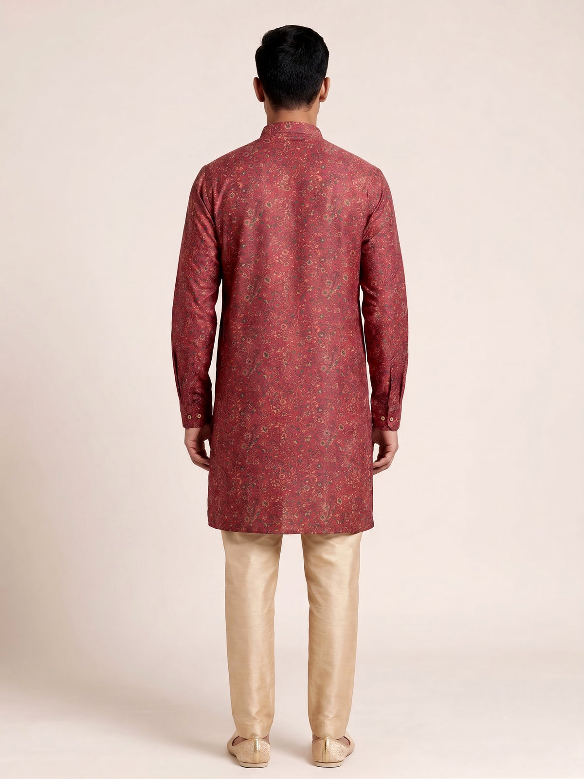 Maroon art silk printed mens kurta pajama