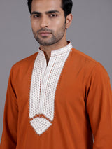 Rust orange polyester viscose mens kurta pajama