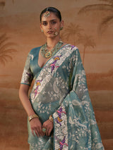 Teal blue handloom silk womens floral saree
