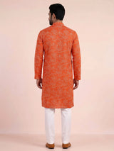 Orange cotton silk printed mens kurta pajama