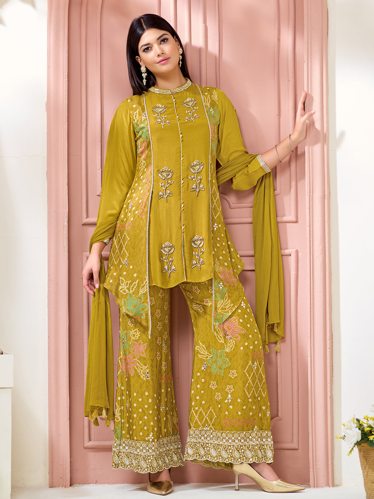 Mehendi green designer sharara suit with dupatta