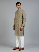 Green cotton silk printed mens kurta pajama