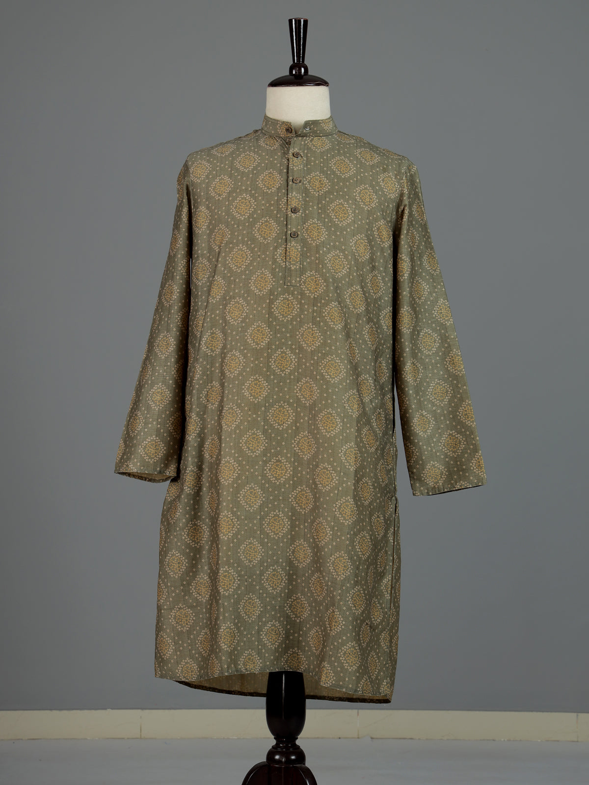 Green cotton silk printed mens kurta pajama
