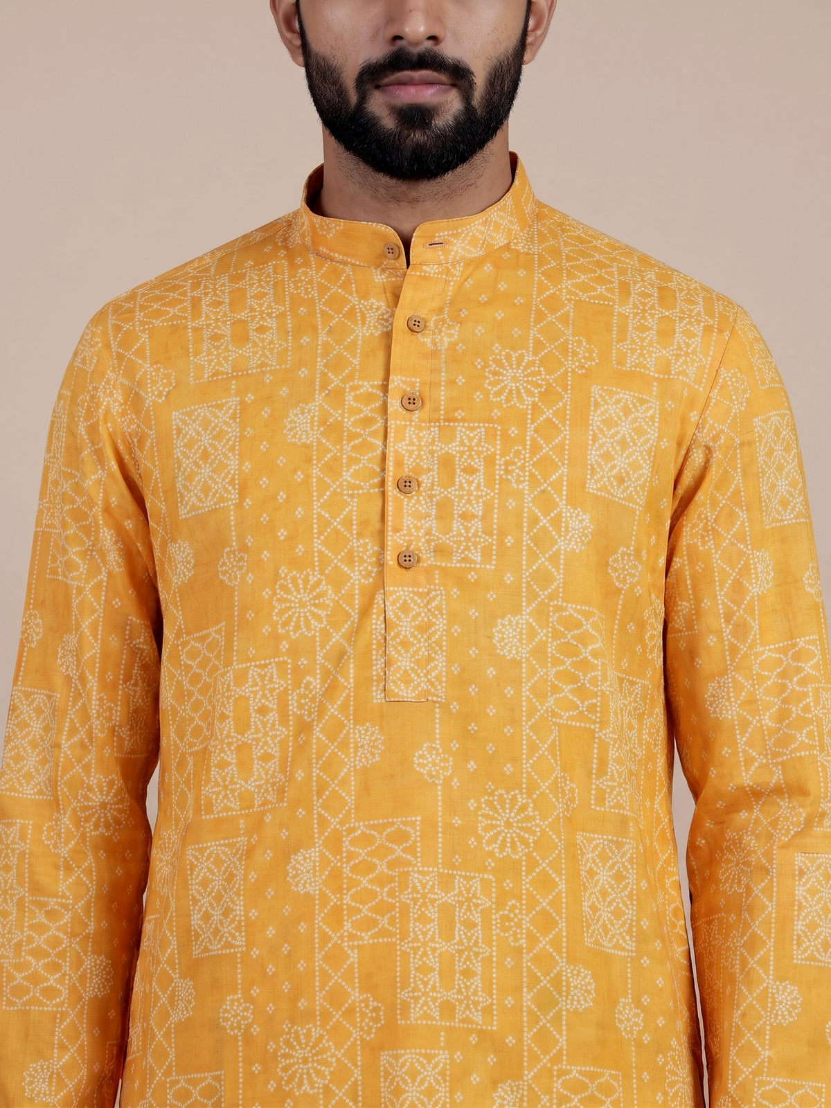 Yellow cotton silk printed mens kurta pajama
