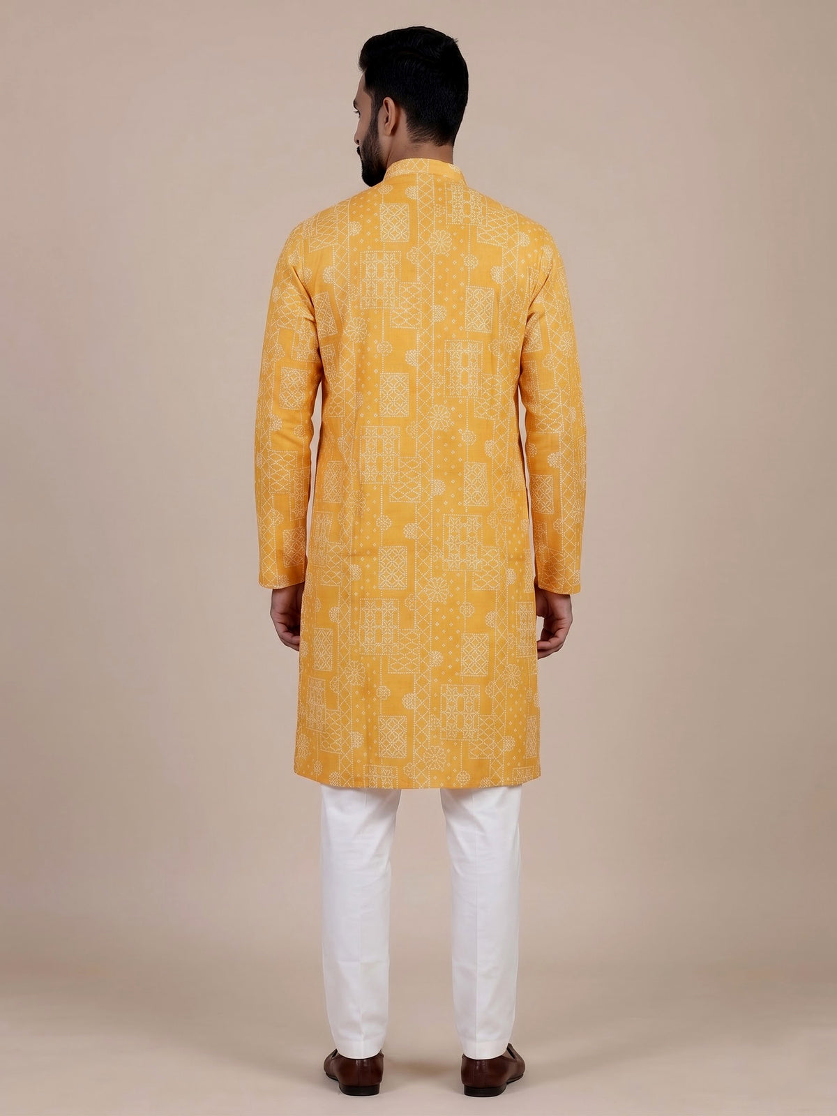 Yellow cotton silk printed mens kurta pajama