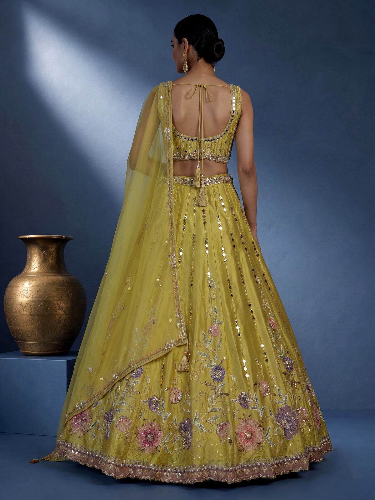Beige floral embellished women’s raw silk lehenga choli