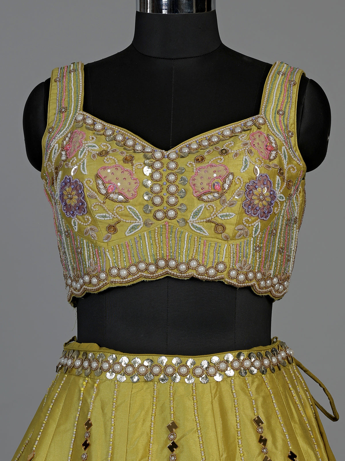 Beige floral embellished women’s raw silk lehenga choli