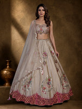 Gold zardosi embellished women’s shimmer silk lehenga choli