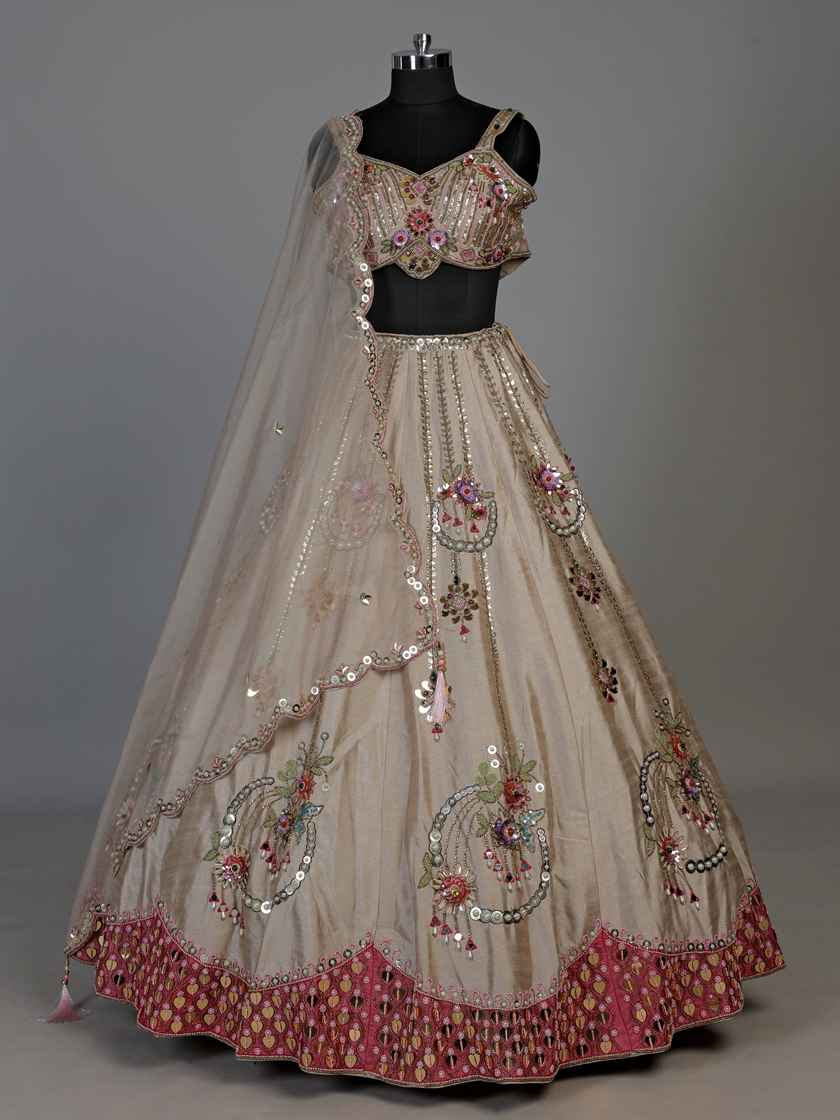 Gold zardosi embellished women’s shimmer silk lehenga choli