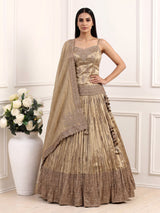 Golden zardosi embellished women’s shimmer silk lehenga choli