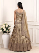 Golden zardosi embellished women’s shimmer silk lehenga choli