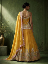 Yellow aabla zari embellished women’s shimmer silk lehenga choli