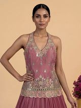 Onion pink aabla embellished women’s shimmer silk lehenga choli