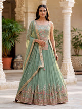 Green aabla zari embellished women’s shimmer silk lehenga choli