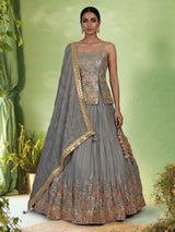 Grey aabla zari embellished women’s shimmer silk lehenga choli