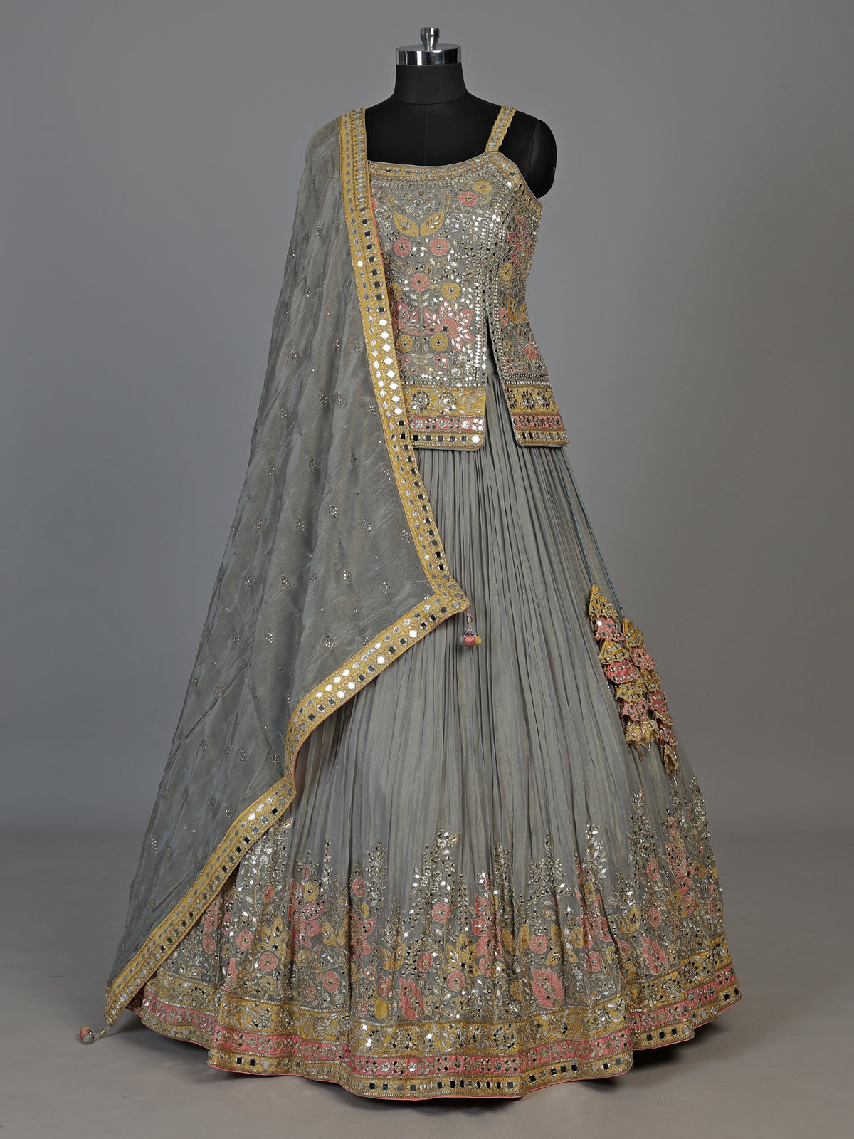 Grey aabla zari embellished women’s shimmer silk lehenga choli