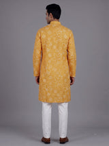 Yellow cotton silk floral Bandhej mens kurta pajama