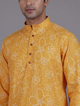 Yellow cotton silk floral Bandhej mens kurta pajama