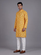 Yellow cotton silk floral Bandhej mens kurta pajama
