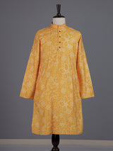 Yellow cotton silk floral Bandhej mens kurta pajama