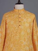 Yellow cotton silk floral Bandhej mens kurta pajama