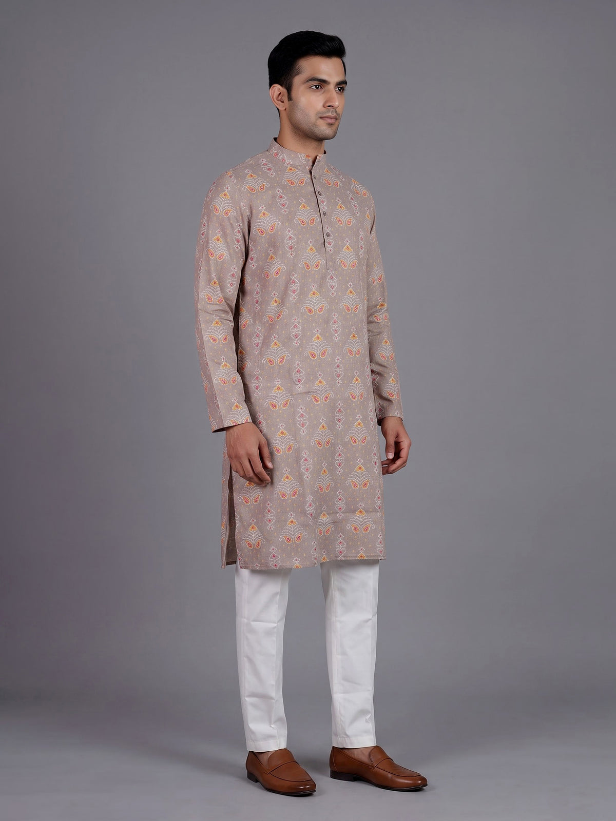 Beige cotton silk Bandhej printed mens kurta pajama