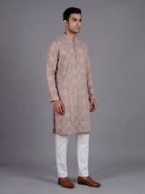 Beige cotton silk Bandhej printed mens kurta pajama