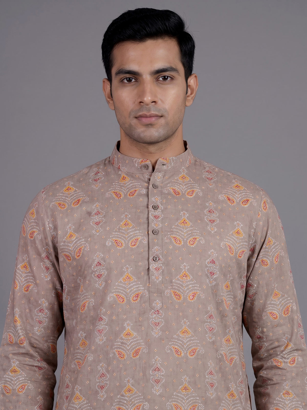 Beige cotton silk Bandhej printed mens kurta pajama