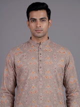 Beige cotton silk Bandhej printed mens kurta pajama