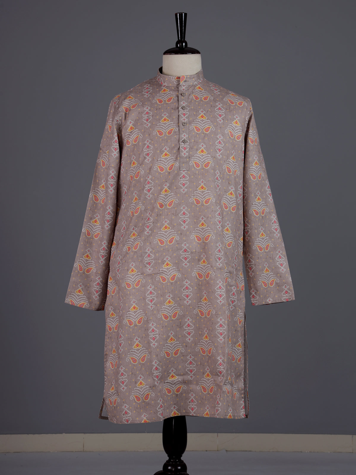 Beige cotton silk Bandhej printed mens kurta pajama