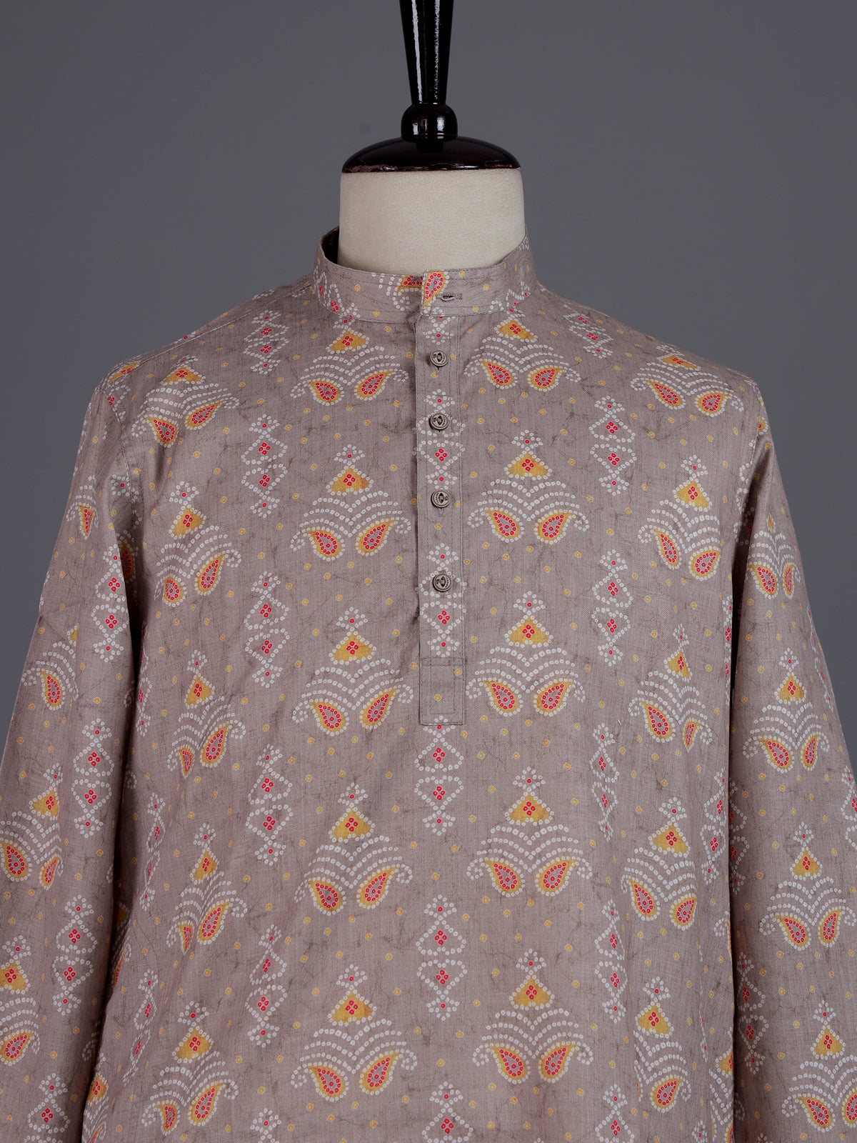 Beige cotton silk Bandhej printed mens kurta pajama