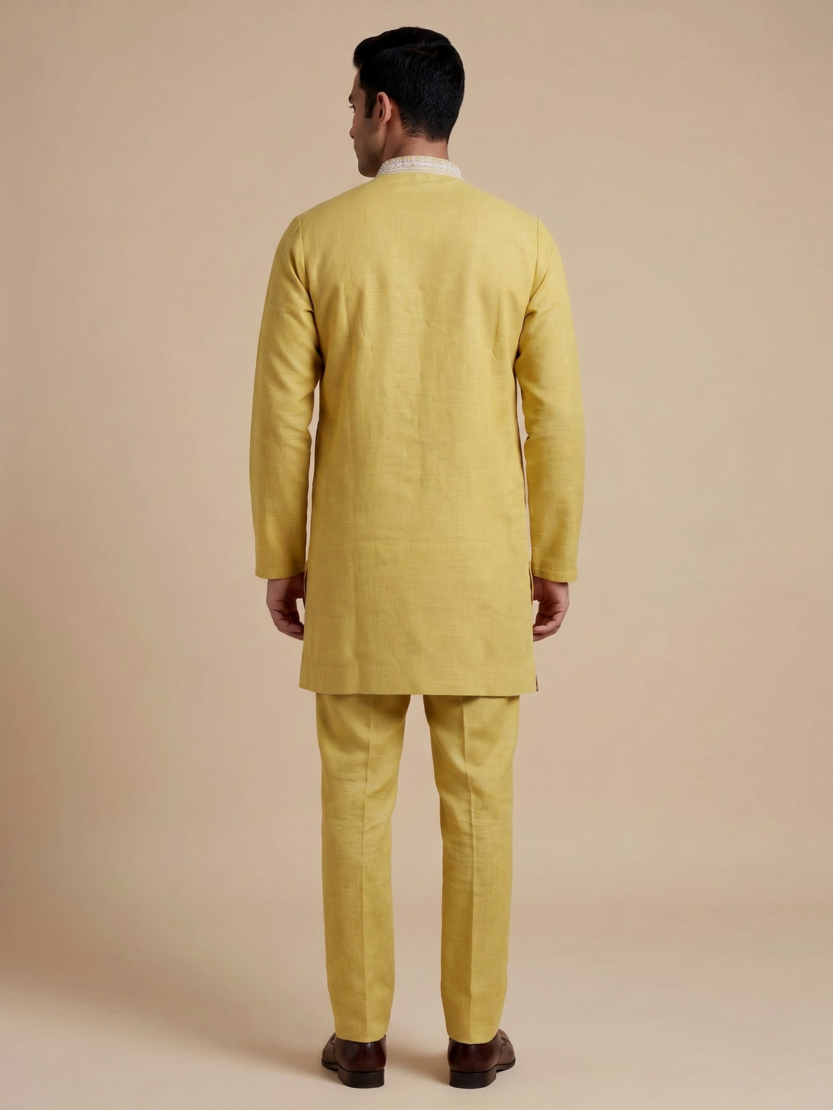 Light yellow cotton linen zardosi mens kurta pajama