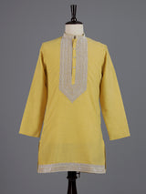 Light yellow cotton linen zardosi mens kurta pajama